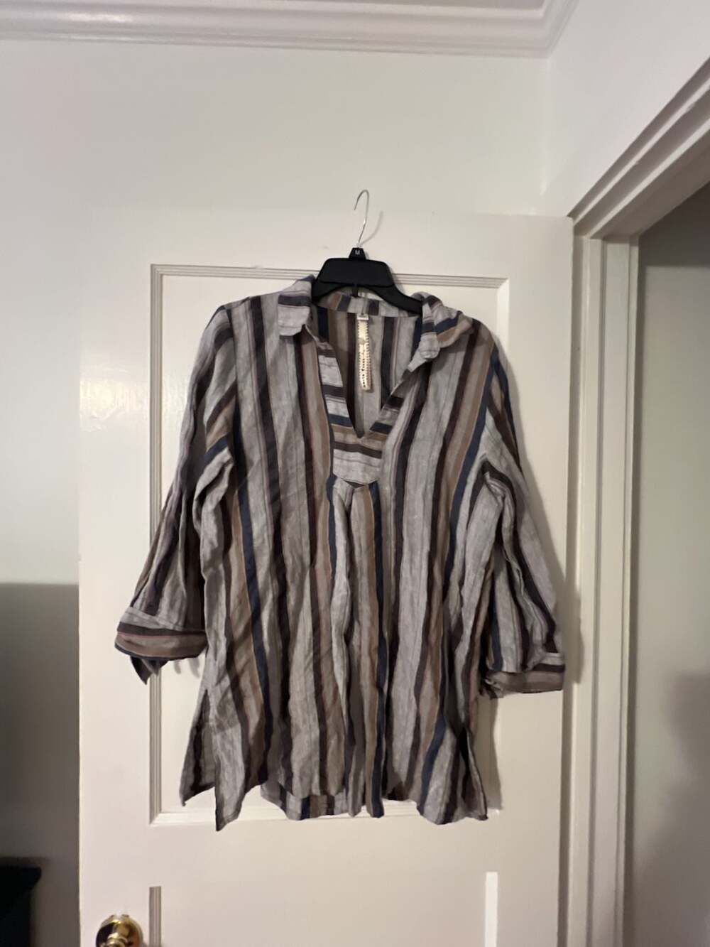 Uncle Frank Women's Striped V-Neck 100% Linen Tunic Top